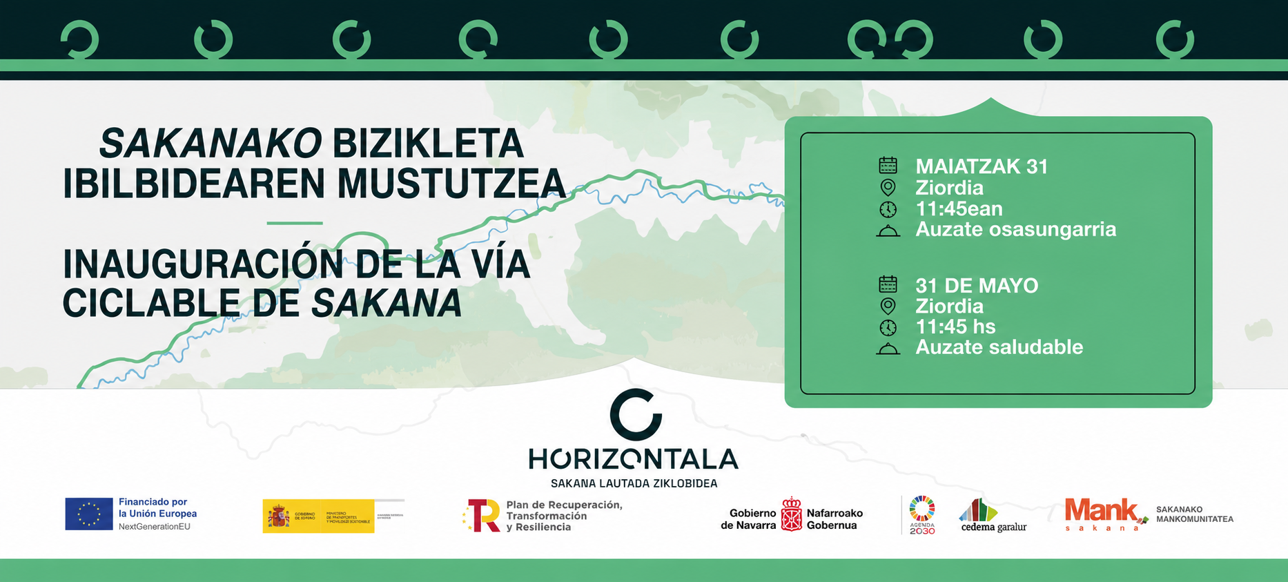 Sakanako Mankomunitateak maiatzaren 31n mustuko du Sakanako bizikleta-bide berria Bizi Festa 2026 jardunaldiaren barruan Sakanako Mankomunitateak maiatzaren 31n mustuko du Sakanako bizikleta-bide berria Bizi Festa 2026 jardunaldiaren barruan